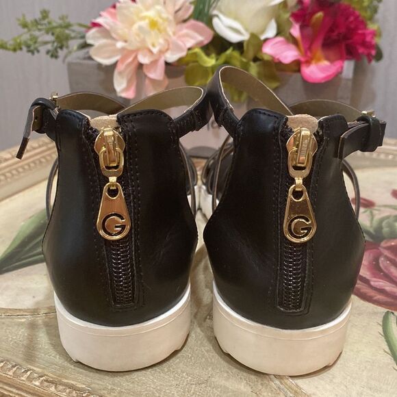 Guess GBG GG Karin Strappy Gold Hardware Zip Back Vegan Sandals Black Sz 6 - Picture 7 of 15